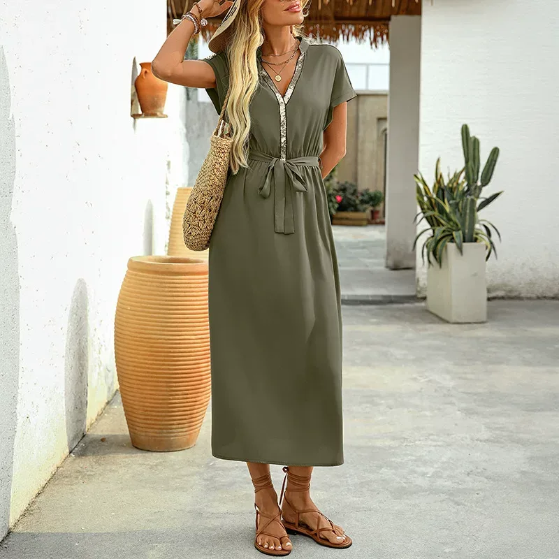 Elegant Sequin V Neck Bodycon Dress Simple Versatile European and American Style Perfect for Par