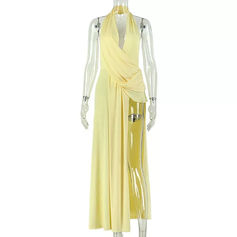 Casual Backless Dress Ruffled Bodycon Fit V Neck Solid Color Ideal for Home Wear or Relaxed Outi