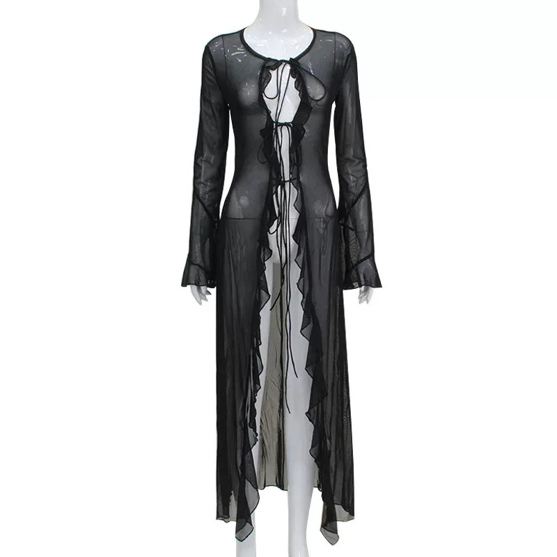 Sheer Mesh Long Cardigan Dress Ruffled Edges Tie Closure Sexy Style Perfect for Parties and Nigh