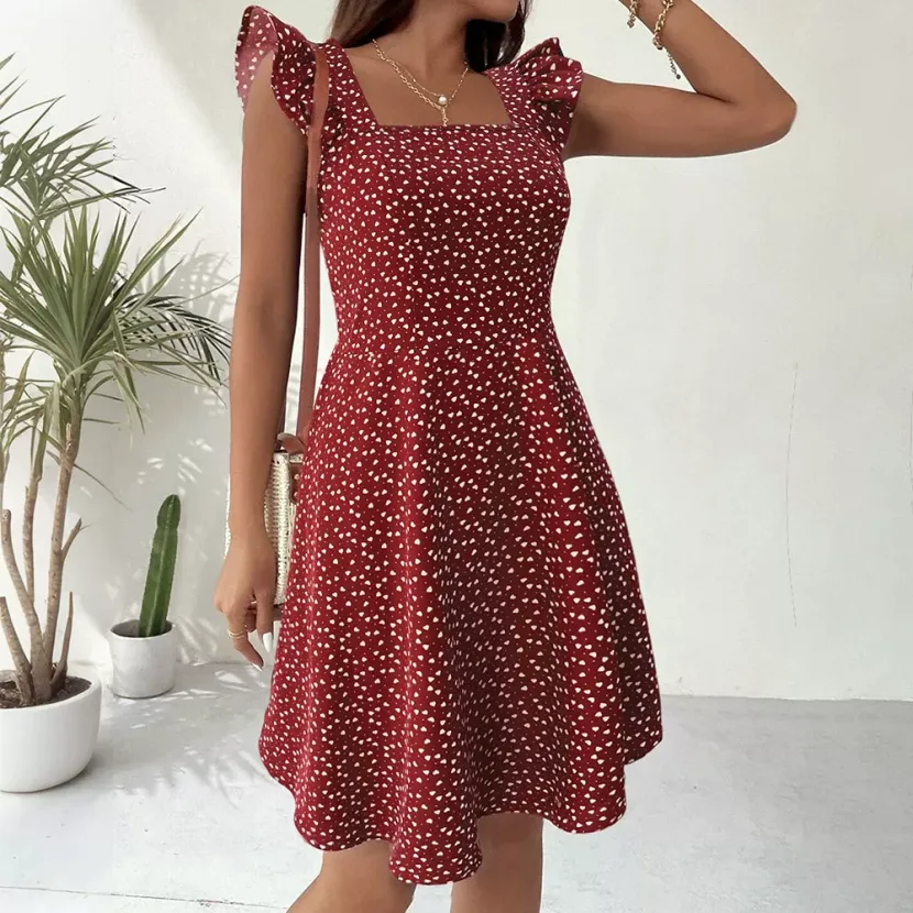 Summer A Line Dress Square Neck Heart Print Short Sleeve High Waist Slim Fit Perfect for Petite