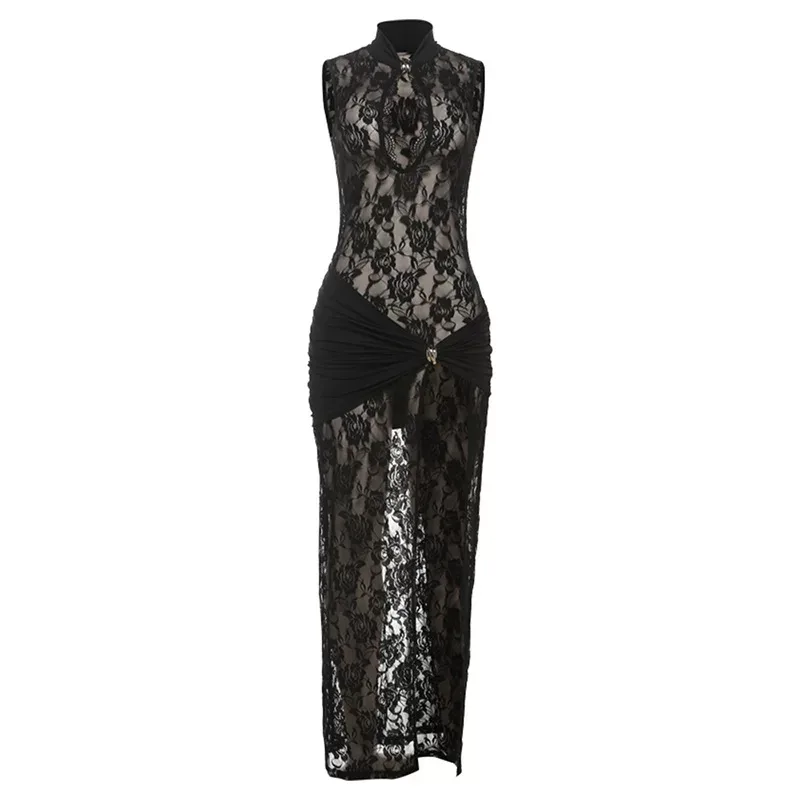 Fashionable Womens Bodycon Dress Hollow Lace Patchwork High Slit Sexy Design Spring Summer Colle