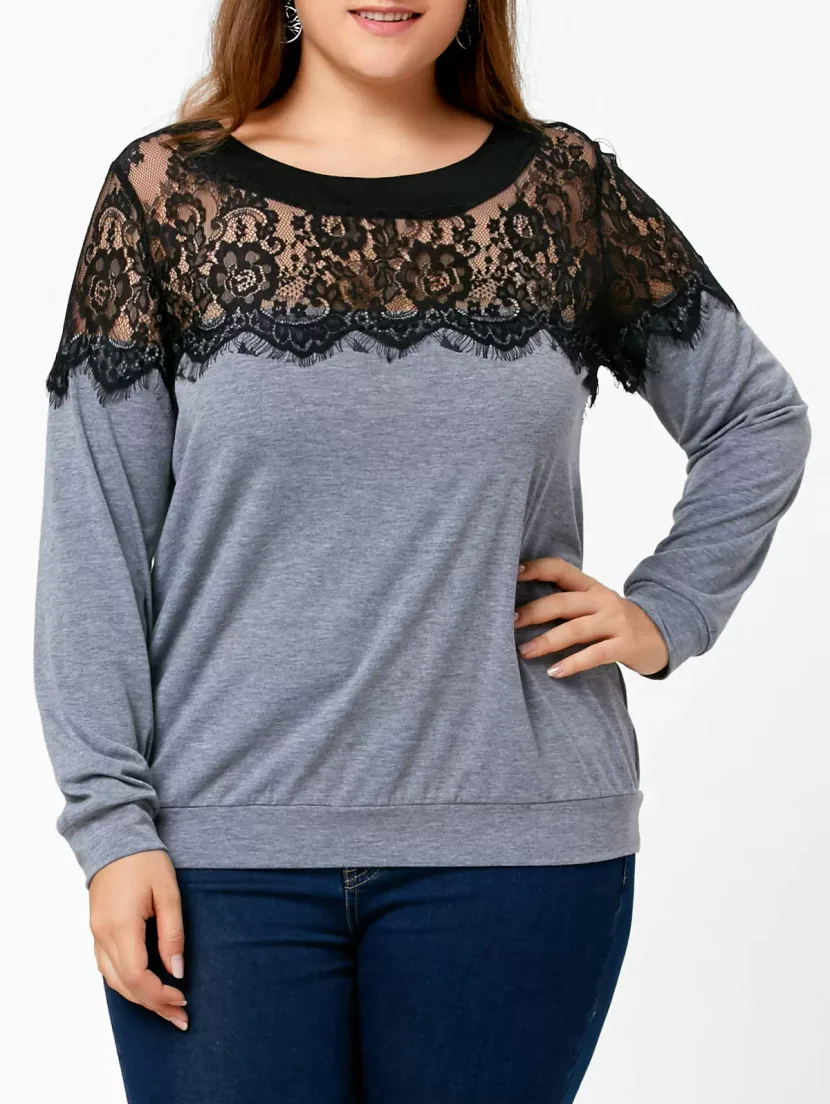 Plus Size Long Sleeve Lace Panel T Shirt Round Neck Stylish Design Comfortable Fabric Casual Wea