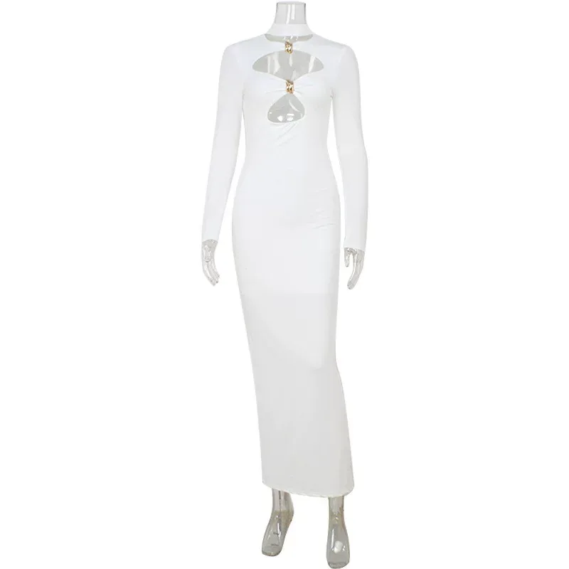 Elegant Hollow Design Long Sleeve Bodycon Dress High Quality Fabric Solid Color Slim Fit Perfect