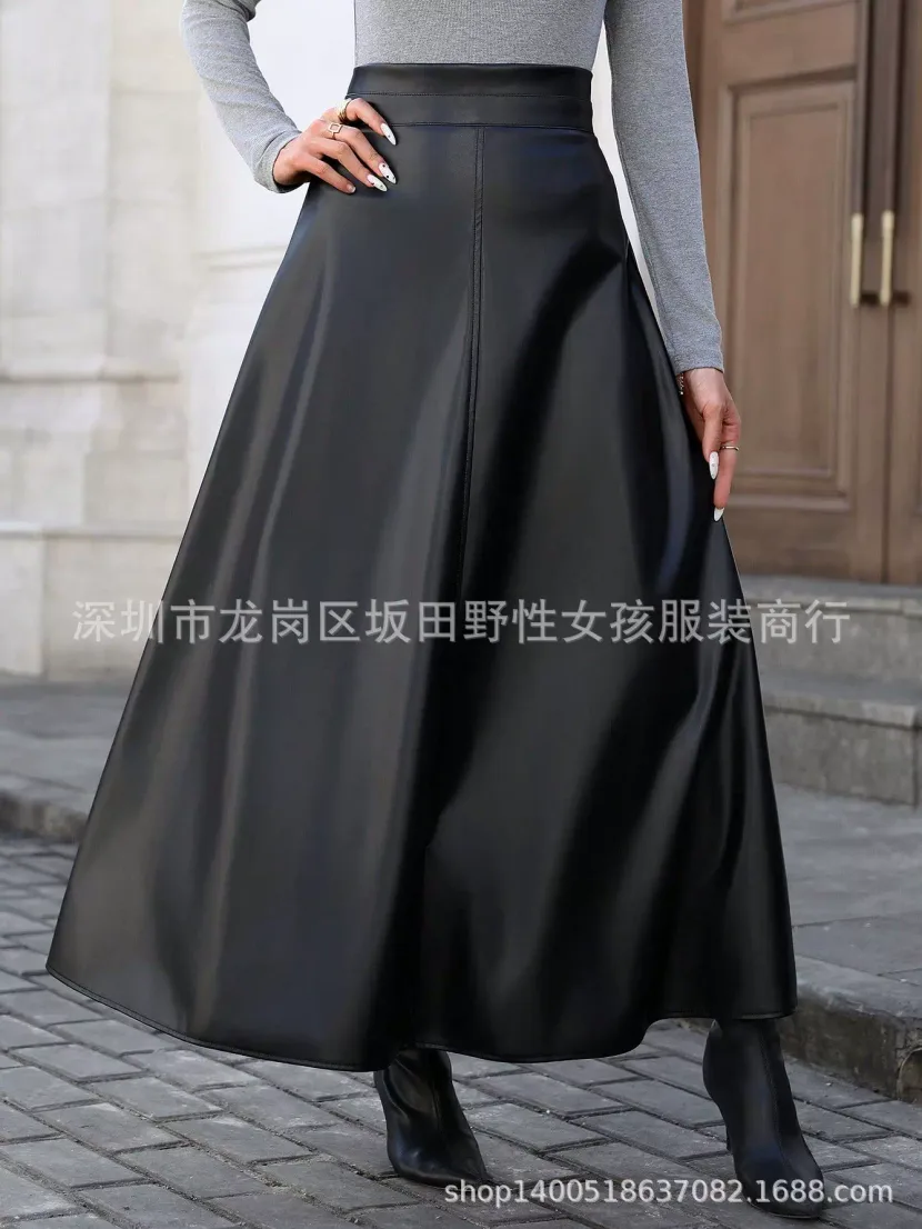 A Line PU Leather Midi Skirt Flattering Fit Flared Hem Plus Size Casual or Evening Wear Wholesal