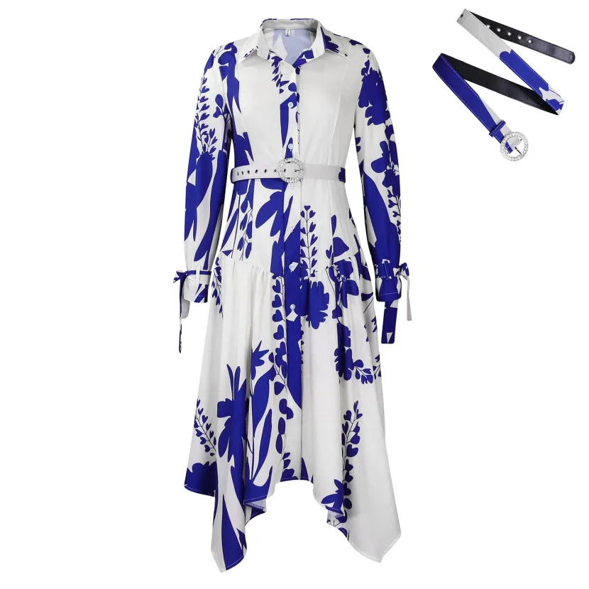 Plus Size Womens Dress Elegant Floral Print Irregular Hem Lapel Collar Casual or Formal Occasion