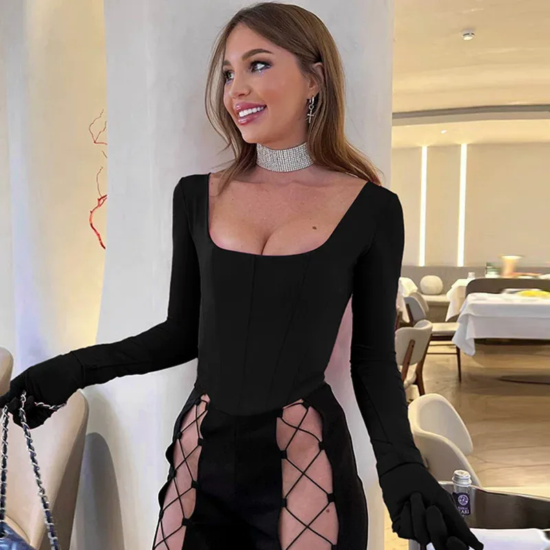 Fashionable Womens Top Sexy U Neck Long Sleeve Slim Fit Corset Style Trendy Short Length with Gl