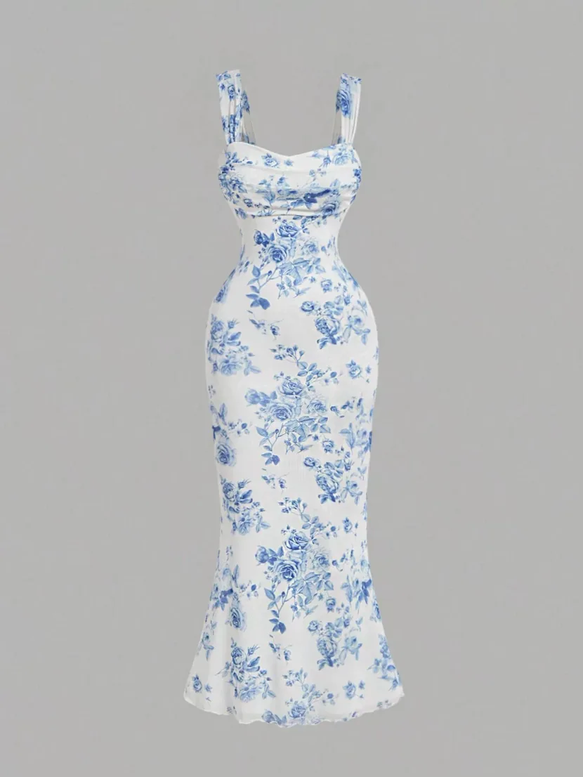 Summer Womens Bodycon Dress Blue and White Porcelain Print Backless Strapless Mermaid Hem Perfec
