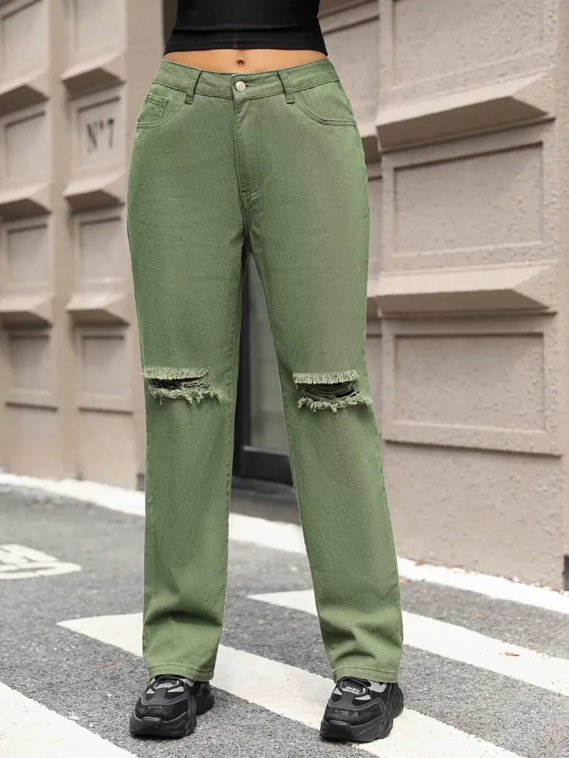 Womens Distressed Wide Leg Straight Jeans Casual Style European and American Fashion Perfect for