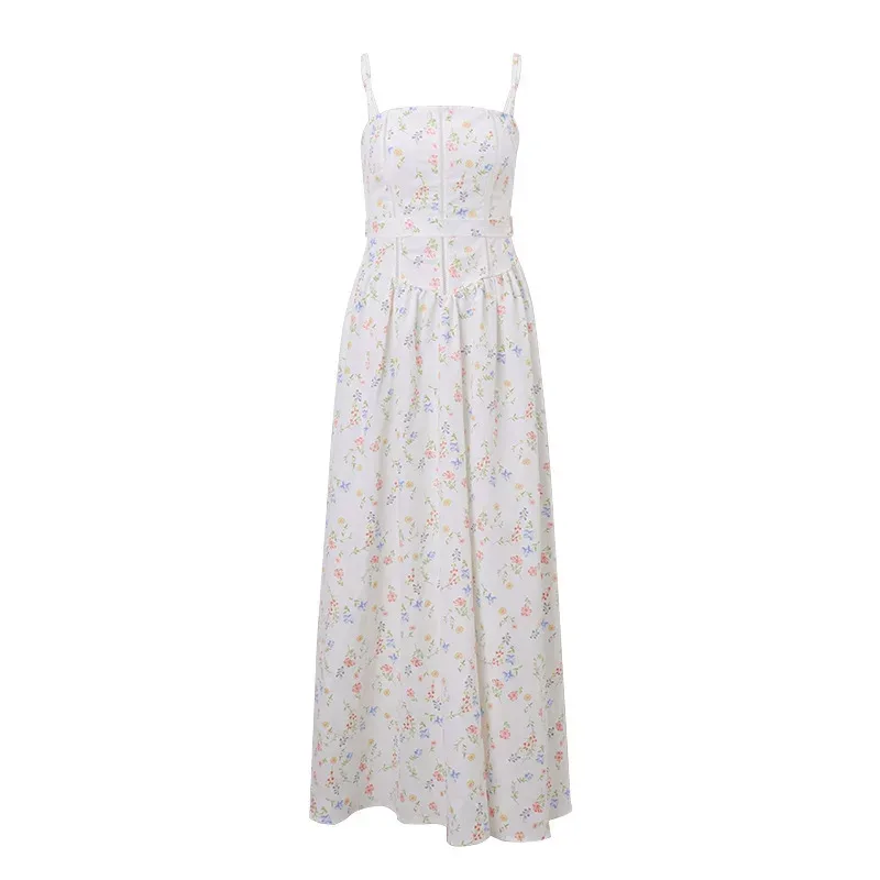 Summer Floral Print Midi Dress Slim Fit Spaghetti Straps Elegant French Style Perfect for Casual