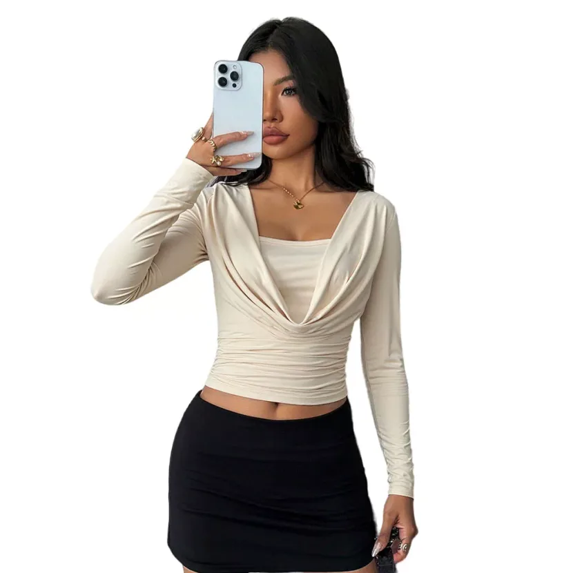 Y2K Style Short Knit Top Slim Fit Flowy Neckline Long Sleeve Spring Summer Casual Wear Wholesale