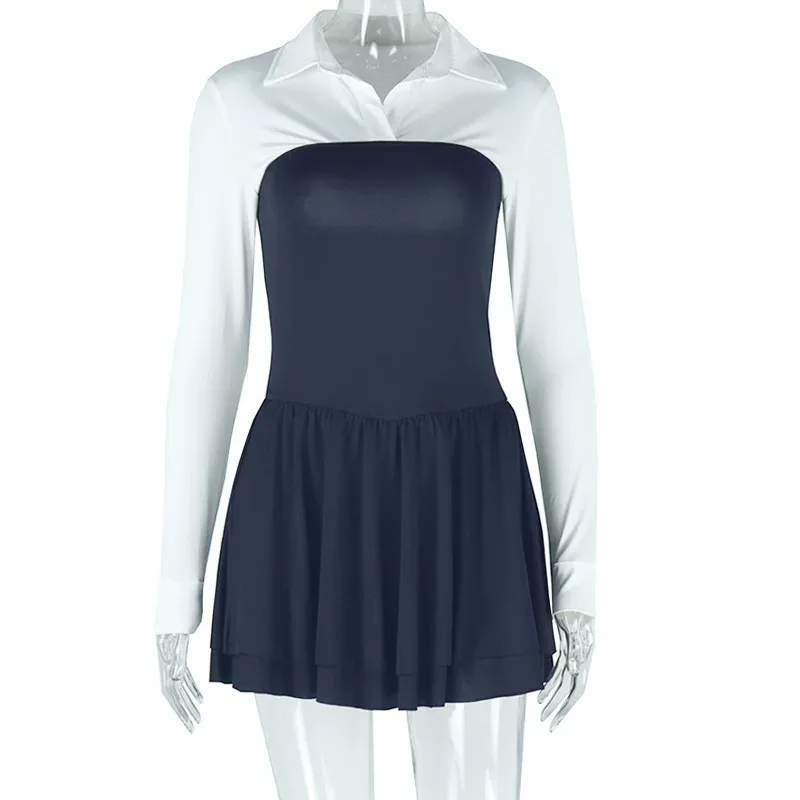 Elegant Color Block Cardigan Dress Stylish Layered Design Lapel Collar Comfortable Fabric Perfec