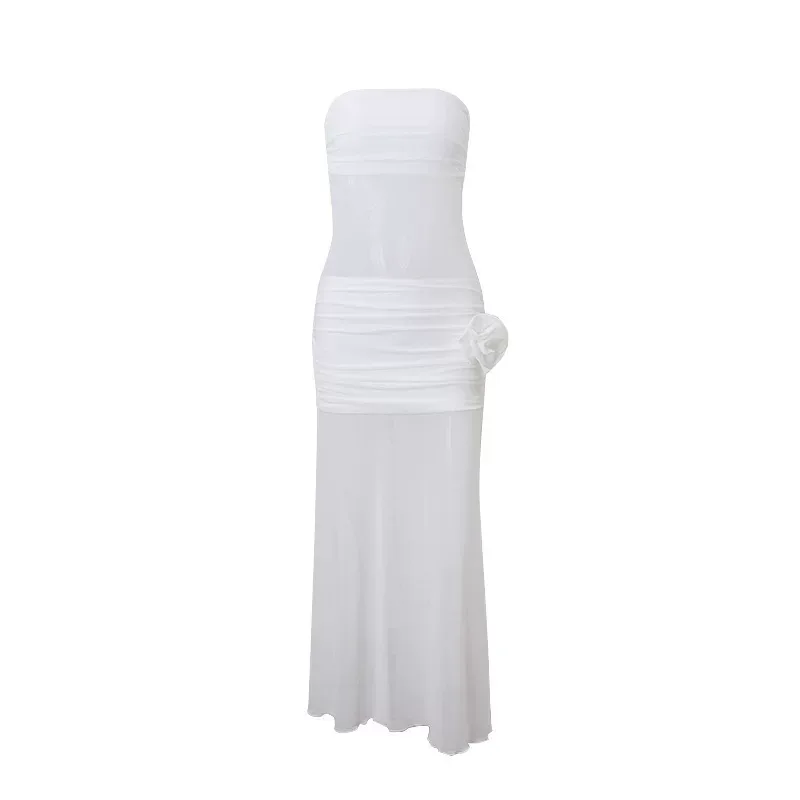 Chic White Mesh Strapless Maxi Dress Elegant Fit Soft Fabric Beach Vacation Style Available for