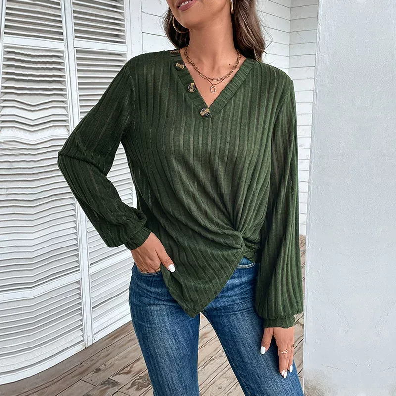 Womens Green V Neck Top Autumn Style Split Design Casual Wear Wholesale Available factory direct