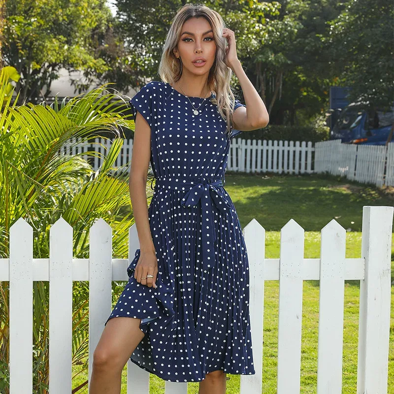 Vintage Polka Dot Ruffled Dress Short Sleeve Elegant Design Summer Style Wholesale Available