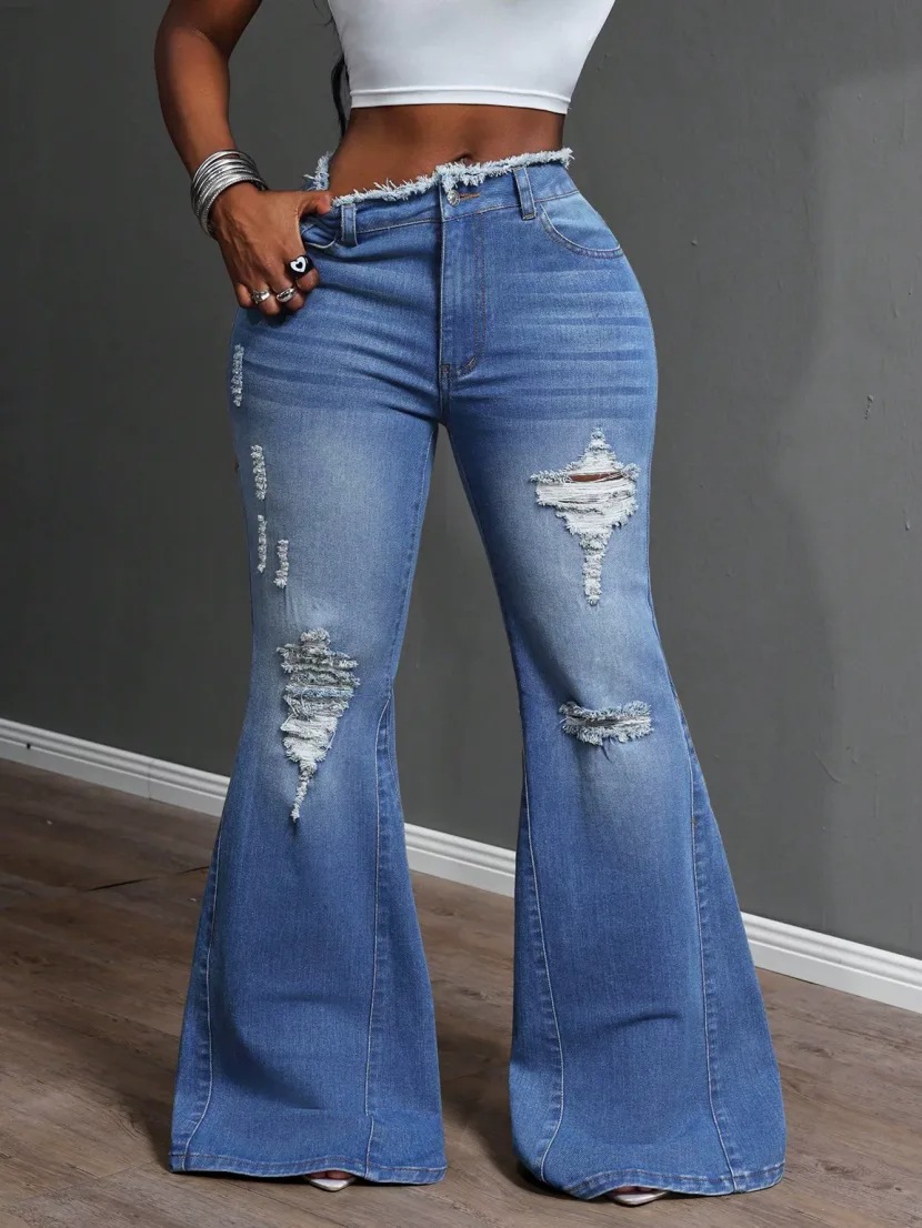 High Waisted Flare Jeans Stretchy Fashionable Distressed Design Casual Wear for Women Wholesale