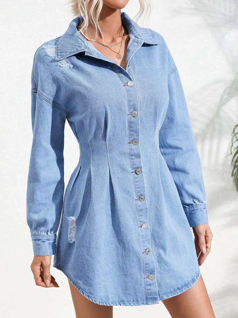 Womens Long Sleeve Denim Dress Slim Fit Waist Defining Casual Style Perfect for Spring and Summe