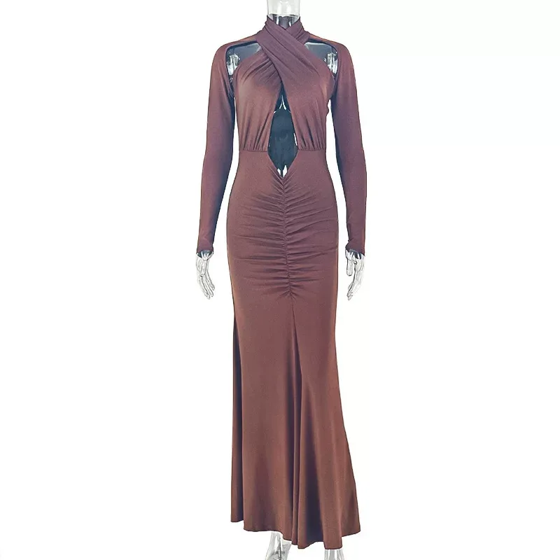 Elegant Womens Bodycon Dress Solid Color Curve Hugging Long Sleeve Strapless Design Perfect for