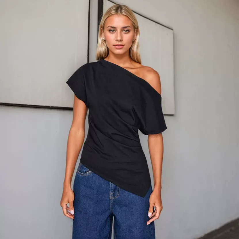 Off Shoulder Slim Fit T Shirt Short Sleeve Asymmetrical Neckline Spring Summer Style Wholesale A
