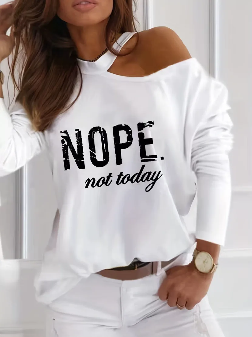 Womens Long Sleeve T Shirt Solid Color Asymmetrical Neckline Letter Print Autumn Winter Fashion