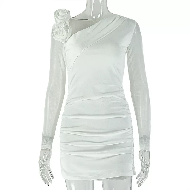 Sheer Mesh Bodycon Dress Solid Color Asymmetrical Neckline Long Sleeve Floral Design Evening Wea