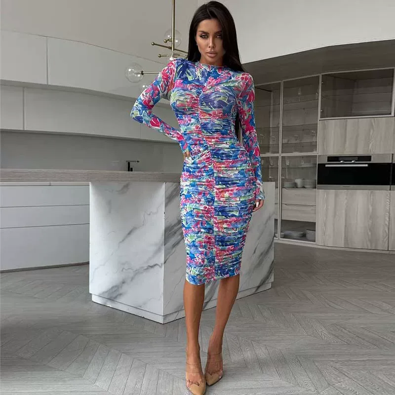 Floral Bodycon Dress Slim Fit Elegant Style Chic Design Spring and Autumn Fashion Wholesale Avai