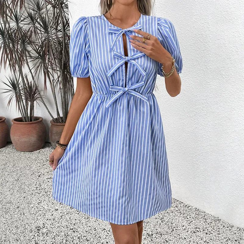 Vintage Striped Dress Summer Collection Round Neck Bow Tie Detail Elegant Style Wholesale Availa