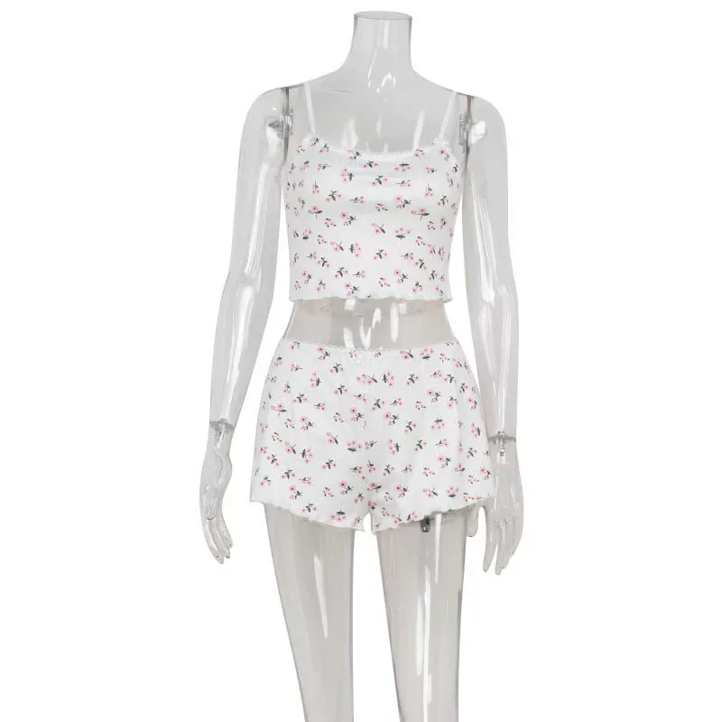 Floral Print Cami Top and Shorts Set Ruffled Edges Casual Style Comfortable Fabric Perfect for H