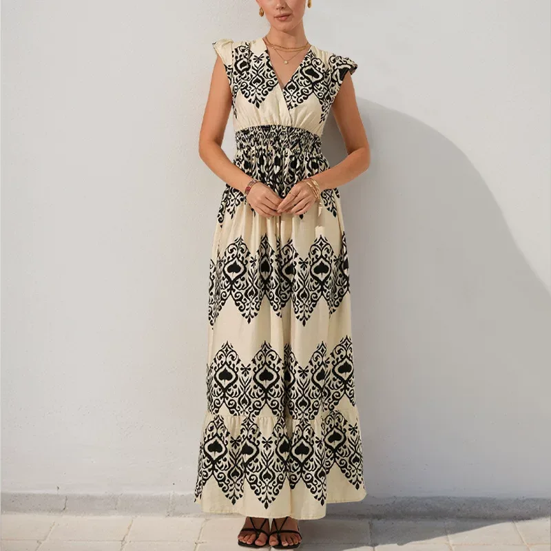 Floral Print Maxi Dress Black and White Ruffled Sleeves Ethnic Vacation Style Wholesale Availabl