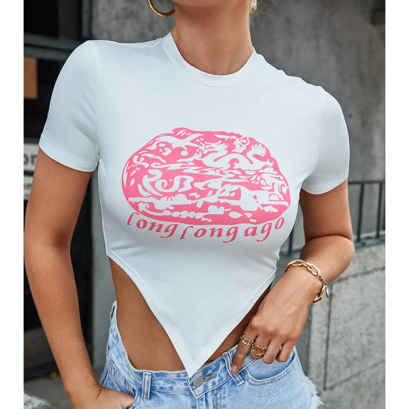 Fashionable Womens T Shirt Trendy Print Pointed Hem Casual Style Spring Summer Collection Wholes