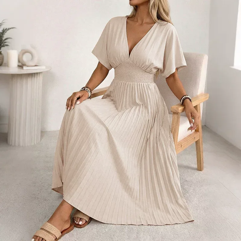 Casual Solid Color V Neck Pleated Maxi Dress Elegant Design Comfortable Fit Versatile Style Whol