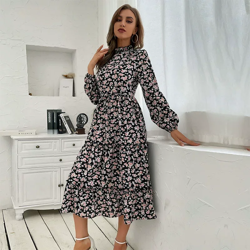 Long Sleeve High Neck Pleated Floral Dress for Women Black Autumn Winter Fashion