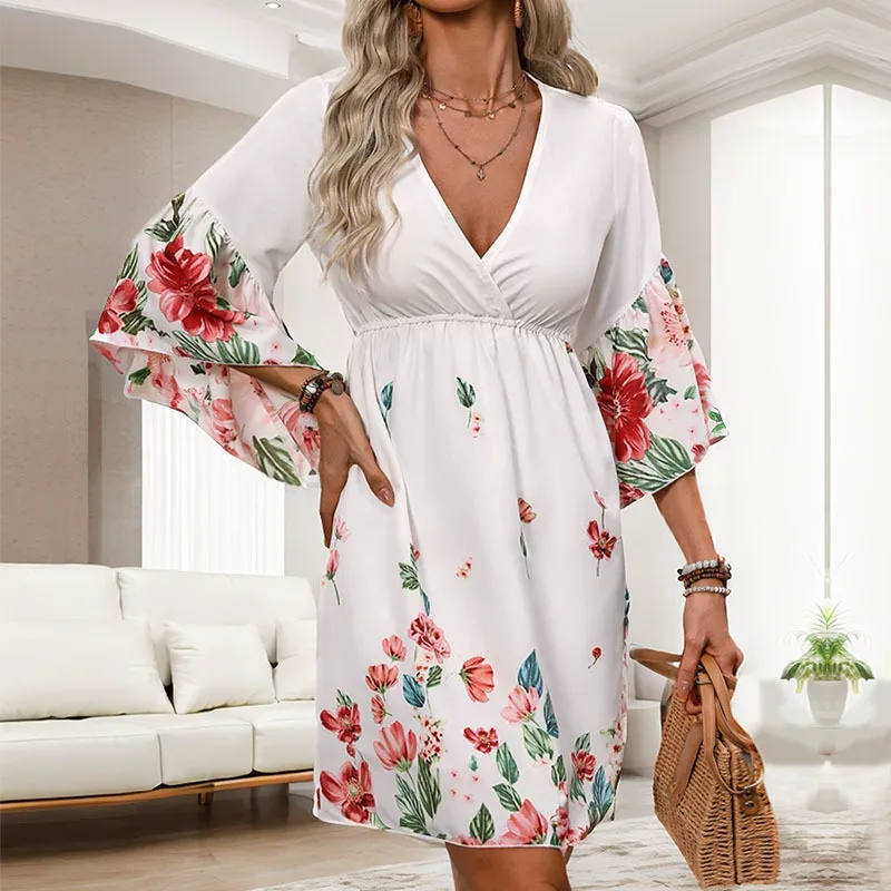 V Neck Floral Print Midi Dress for Women Three Quarter Sleeve Beach Vacation Style