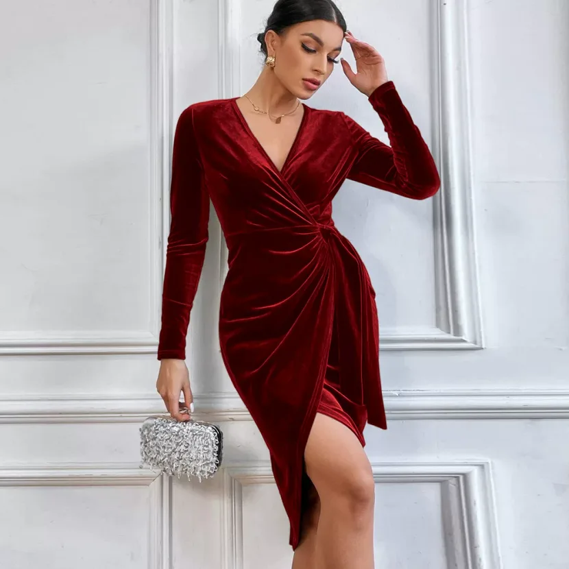 Sexy V Neck Bodycon Maxi Dress Irregular Hem Elegant Style Perfect for Cocktail Parties and Even