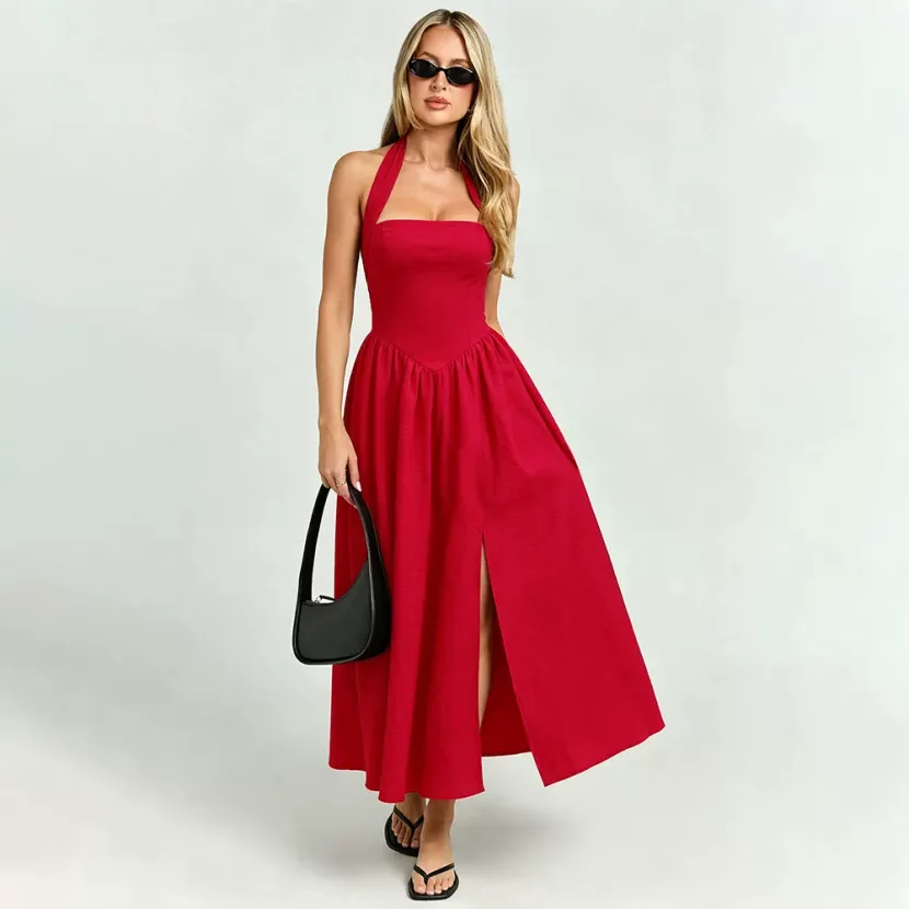 Vintage French Style Halter Neck Tie Dress Backless Waist Cinching Flared Hem High Slit Perfect