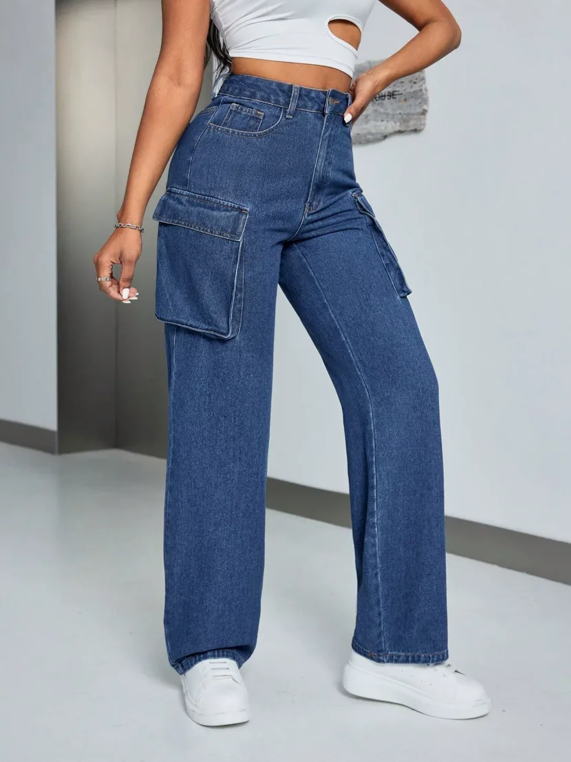 Loose Fit Wide Leg Denim Trousers for Women Large Pockets Casual Style Comfortable Fabric Availa