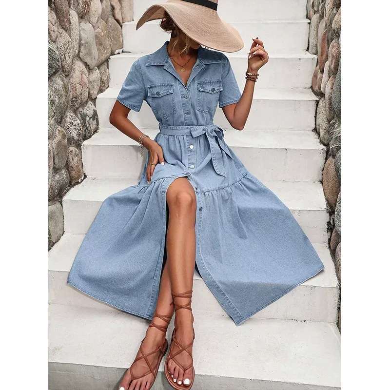 Elegant V Neck Denim Dress Womens Fashion European and American Style Chic Design Perfect for Ca