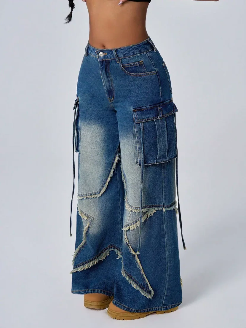 Vintage Star Print Denim Cargo Pants for Women Retro Style Casual Fit Versatile Wear Wholesale A
