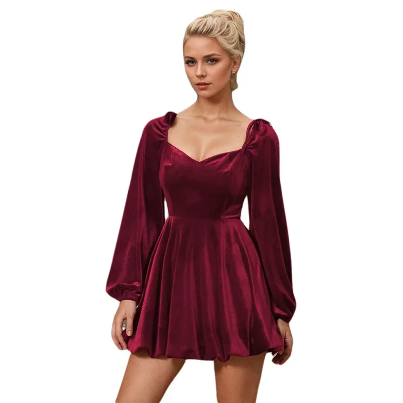 Womens Burgundy High Waisted Dress French Style Spring Summer Party Event Wholesale Available