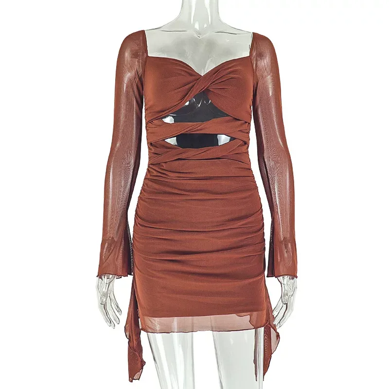 Sexy Hollow Out Bodycon Dress Long Sleeve U Neck Solid Color Fashionable for Parties and Events