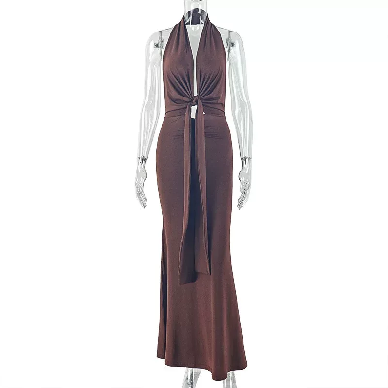 Fashionable Backless Halter Maxi Dress Loose Fit Ruched Design Comfortable Fabric Casual Home We
