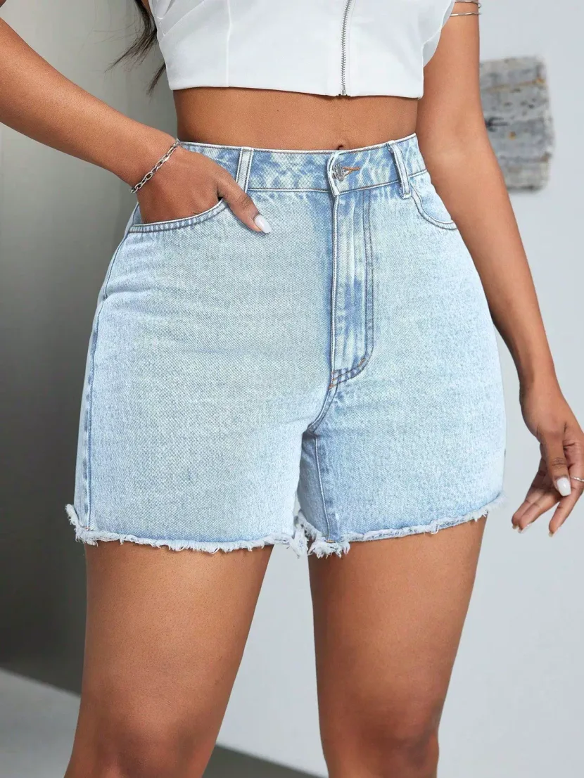 High Waisted Loose Fit Denim Shorts Frayed Hem Fashionable Style Casual Wear Ready to Ship Whole