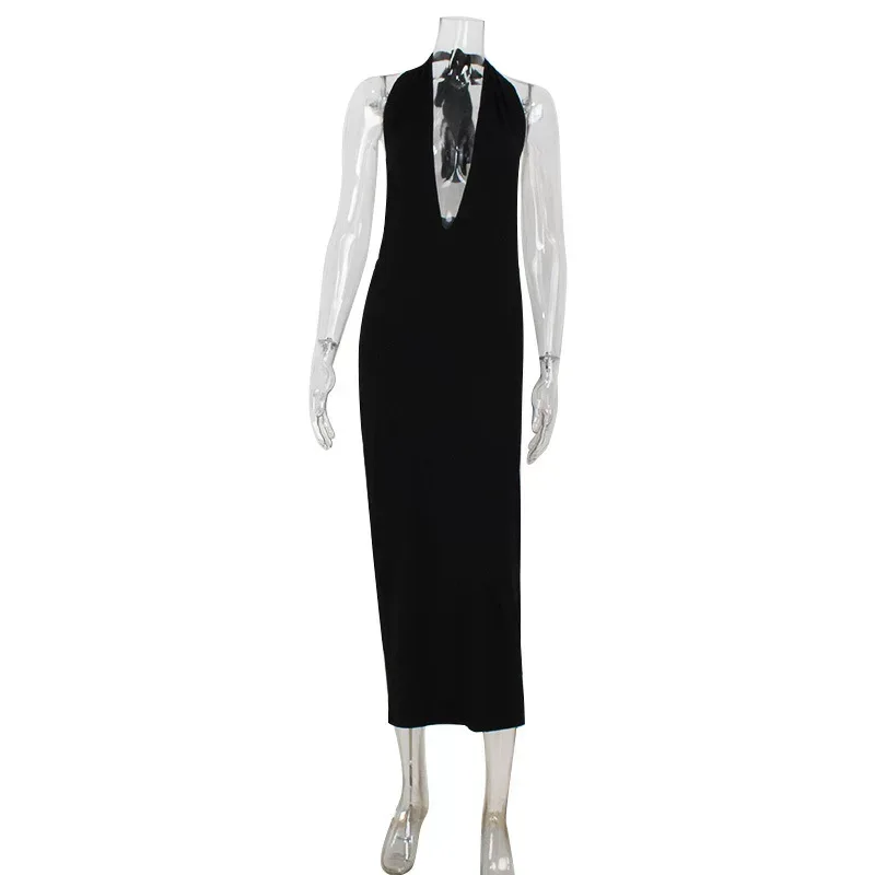 Elegant Deep V Neck Halter Backless Maxi Dress Sexy Fashionable Red Carpet Style Perfect for Nig