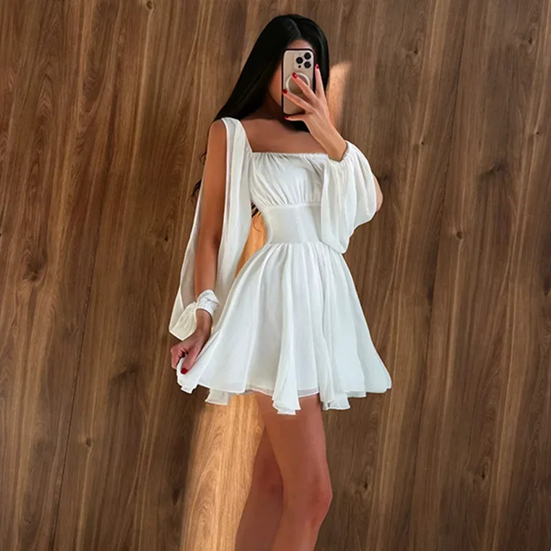 Solid Color Square Neck Off Shoulder Dress Hollowed Long Sleeves Waist Cinching A Line Silhouett