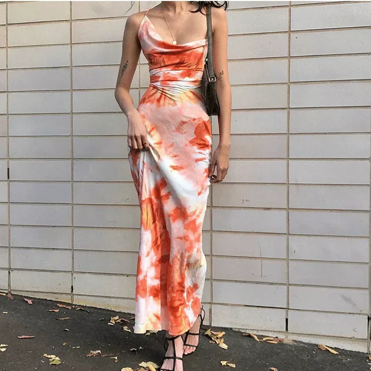 Tie Dye Print Maxi Dress Sexy Cross Back Design Summer Casual Wear Wholesale Available bulk orde