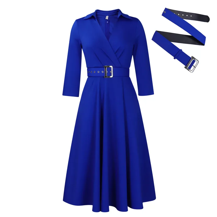 Plus Size Womens Dress Autumn Collection Stylish Lapel Design Solid Color Flared Skirt Wholesale