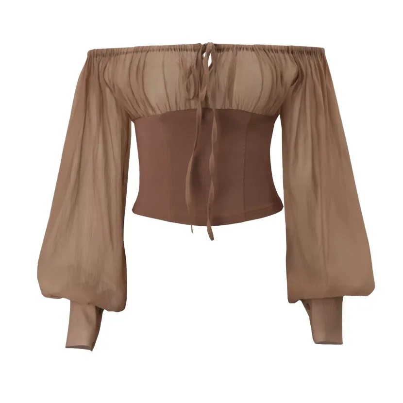 Off Shoulder Vintage Mesh Long Sleeve Top and Bodycon Mini Skirt Set Sexy Elegant Autumn Wholesa
