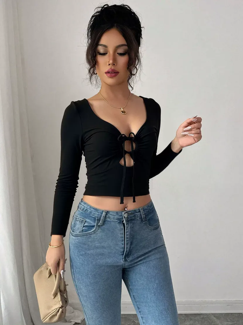 Black Long Sleeve T Shirt Hollow Out V Neck Solid Color Sexy Design Casual Wear for Women Wholes