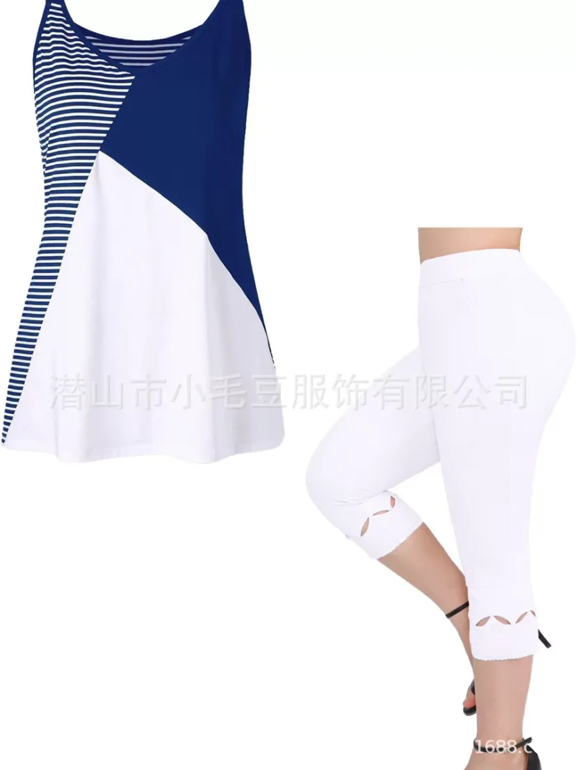 Summer Womens Two Piece Set Sleeveless Round Neck Color Block Design Casual Fashion for Everyday Wear Wholesale