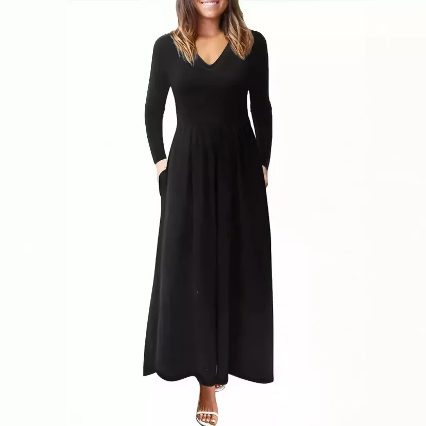 Long Sleeve Maxi Dress Solid Color Elegant Design Perfect for Fall Occasions Wholesale Available