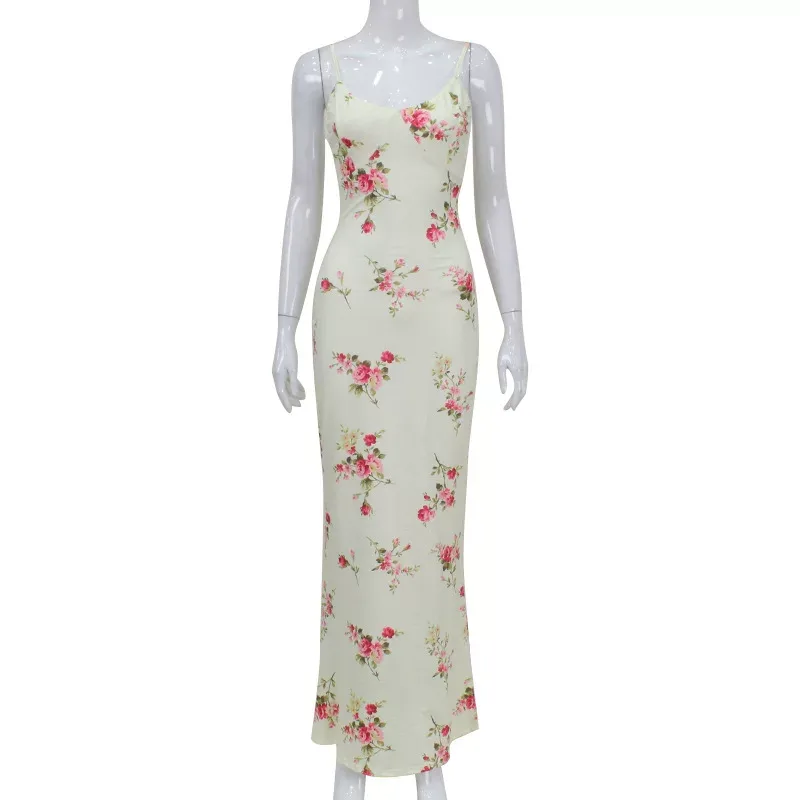 Vintage Floral Print V Neck Maxi Dress Elegant Fit Sleeveless Summer Style Perfect for Beach Vac